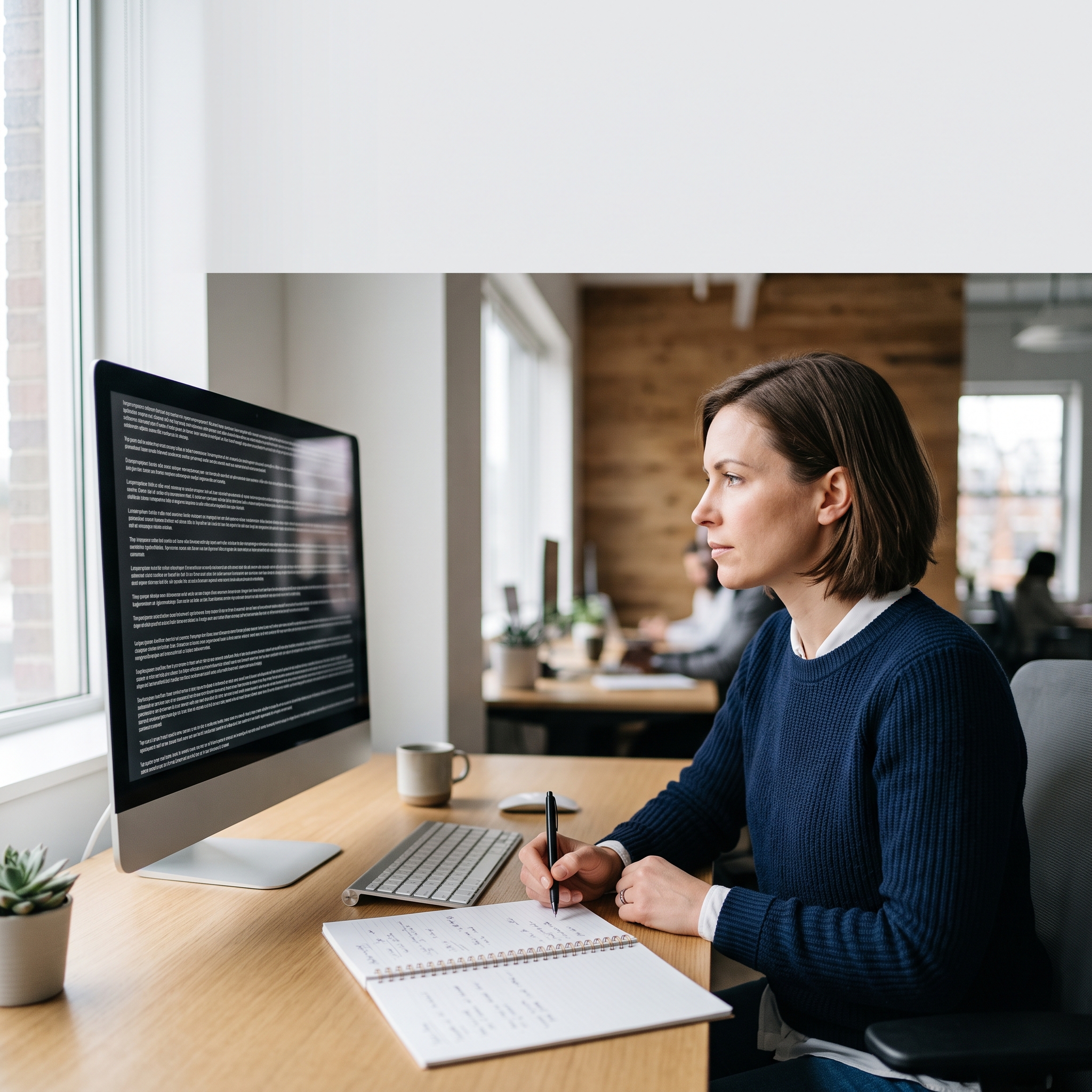 An analyst reviewing AI-generated output on a monitor at a modern desk.