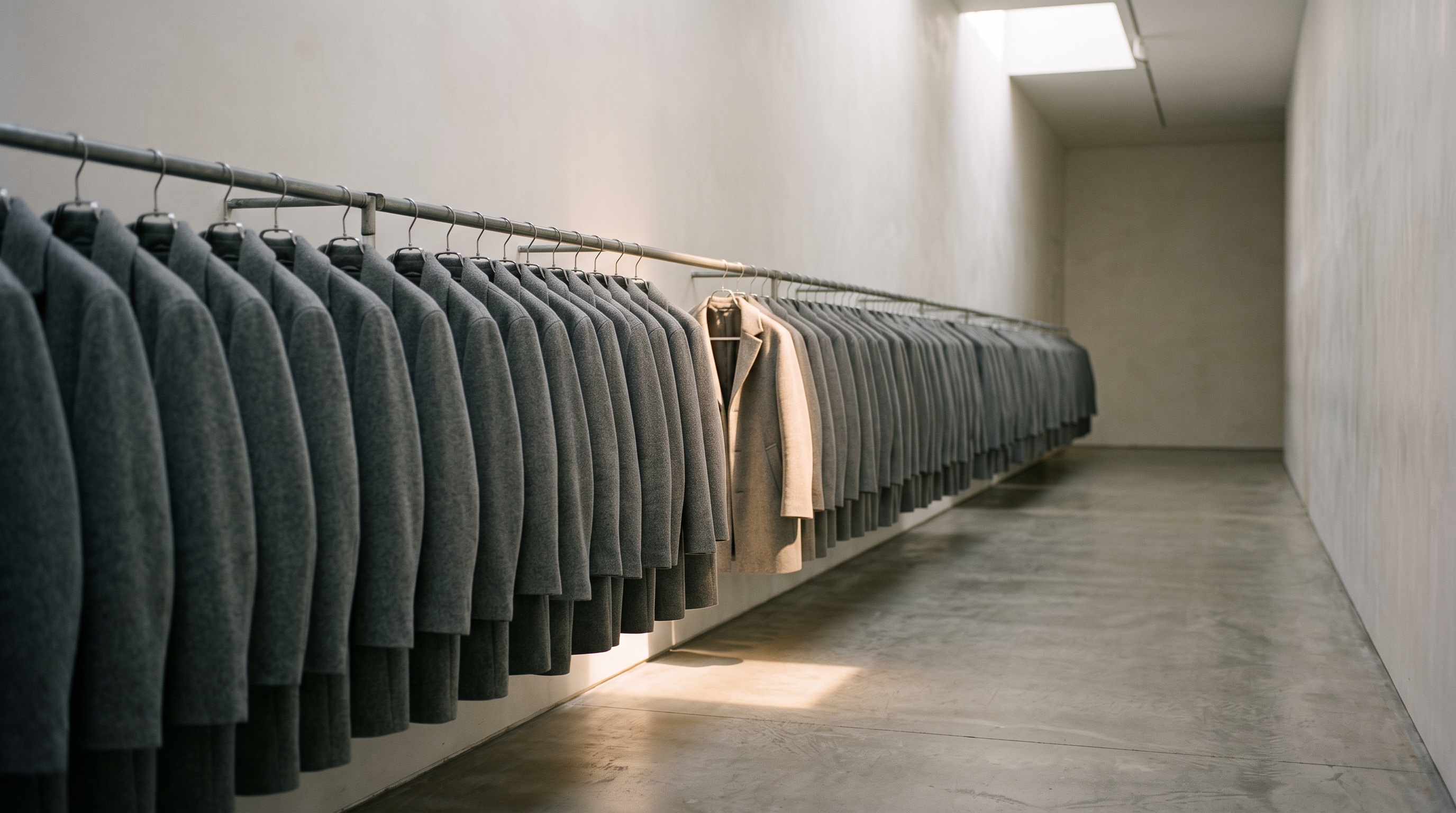A long rail of identical grey coats with one empty hanger catching a shaft of warm light.